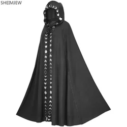 New Unisex Mantle Hooded Moon Print Cloak Medieval Renaissance Lace Up Cape Halloween Medieval Characters Cosplay Costumes
