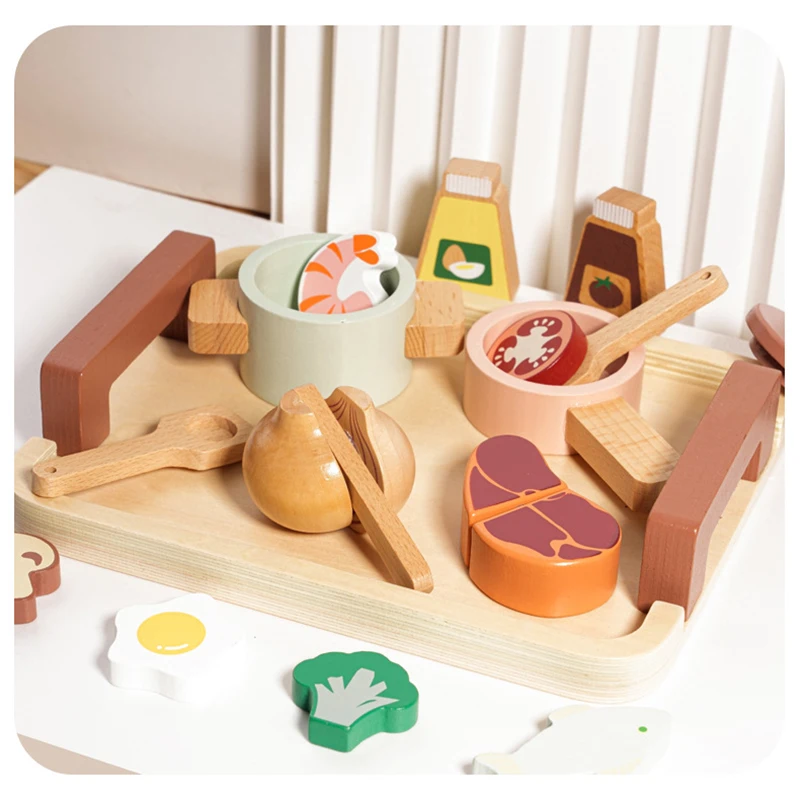 Wooden Pretend Plays Girls Toys Kitchen Game Simulated Makeup Play House Afternoon Tea Playset Cuting Food Educational Toys Gift