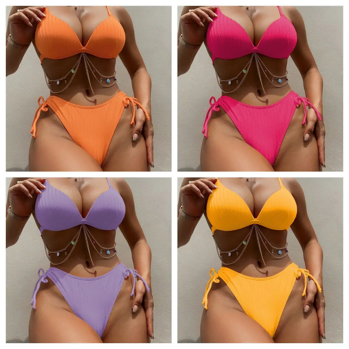 

Summer Outdoor Vacation Swimsuit Sexy Backless Solid Color Bikini Split Swimsuit Gathering Steel Support For Women
