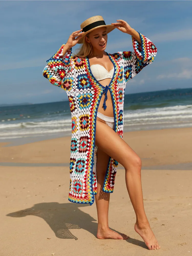 New Women Crochet Colorful Hollow Out Long Cardigan Female Handmade Knit Cover Up Kimono Sweater Coat Beachwear Swimsuit