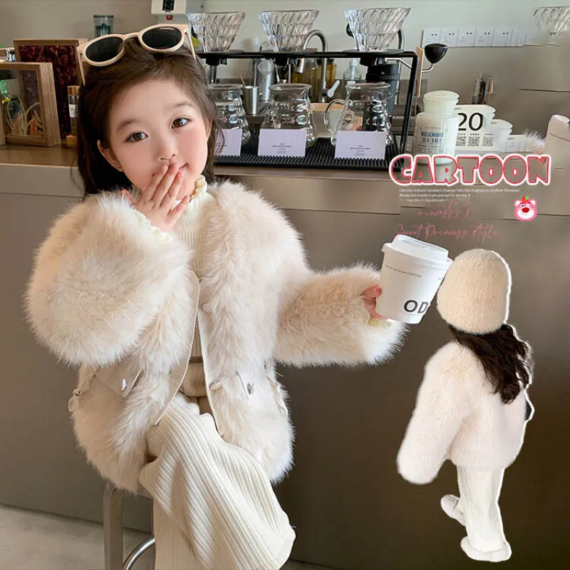 

Autumn Winter 2-12Y Kid Girl Woolen Coat Thicken Warm Toddler Girl Fluffy Coat V-collar Infant Baby Girls Trendy Short Outerwear