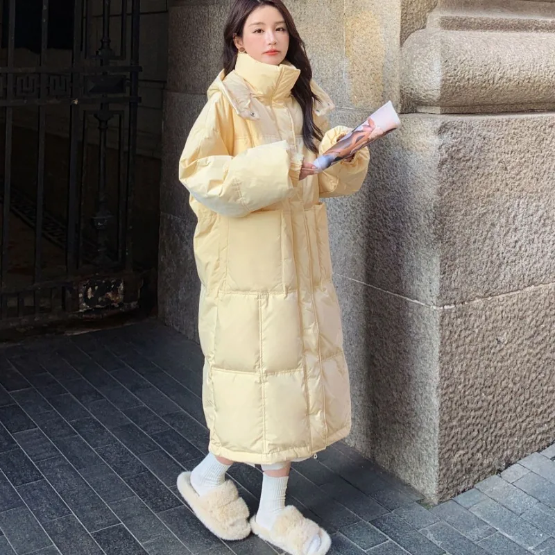 2023 Autumn Winter New Milk Yellow White Down Jacket Women Long Thick Gentle Wind Hooded Loose Thick Cotton-padded Jacket Trend