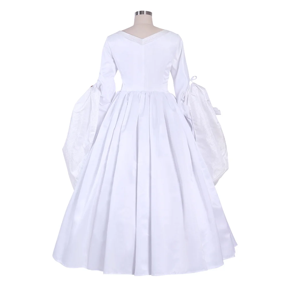 18. Jahrhundert Tudor-Zeit-Damenkleid mit langen Ärmeln, weißes Trubelkleid, Renaissance-Französisches, ausgefallenes Ballkleid