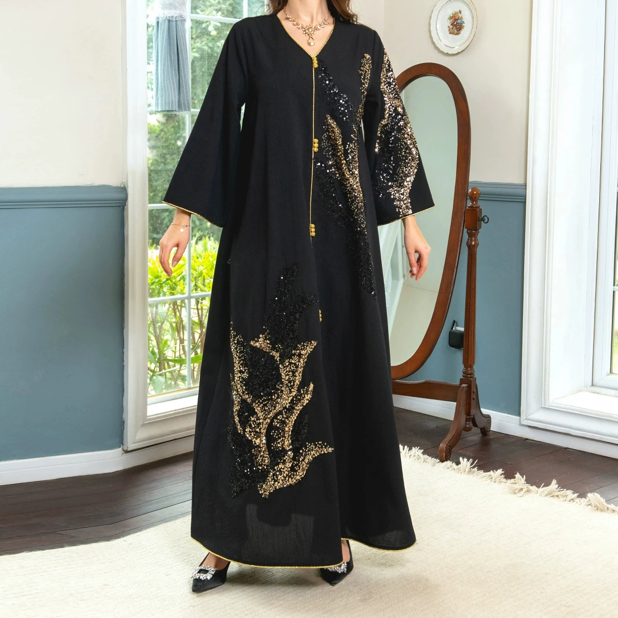 

Arab Muslim women's Middle Eastern long-sleeved sequin embroidered loose dress-GZXX537