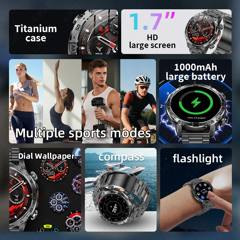 LIGE Outdoors Smartwatch T-REX3 Ultra 1000mAh Large Battery Smart Watch Men LED Flashlight Compass 5ATM Waterproof BT Call Clock