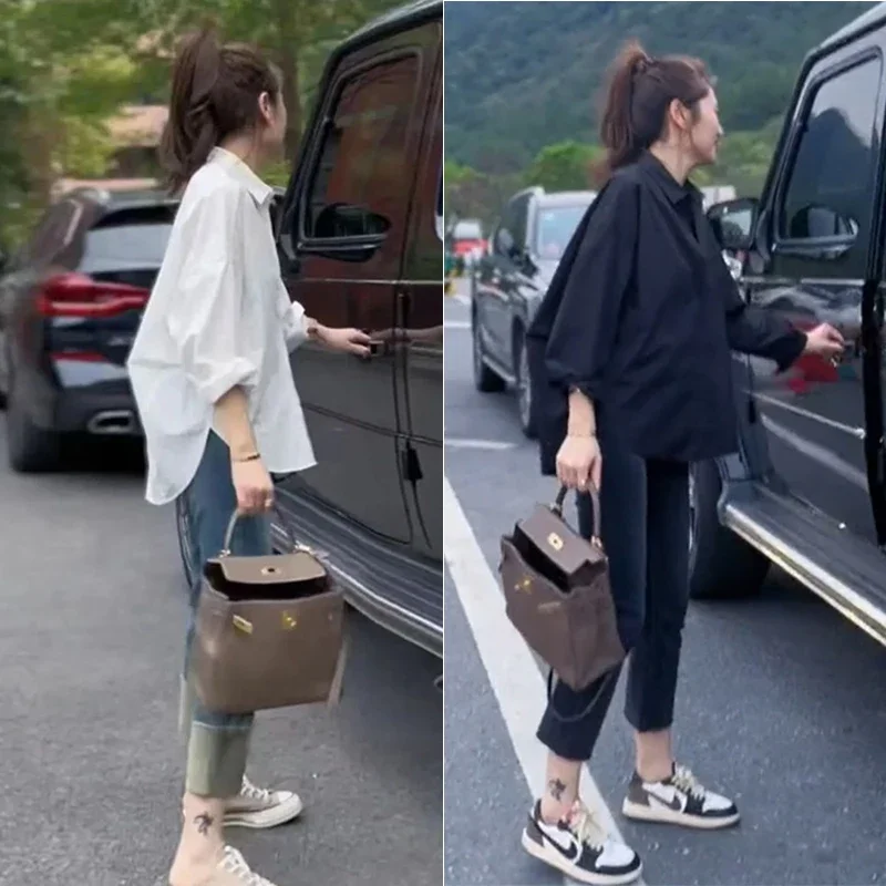 

Women's Long Sleeve Sweet Shirt Casual Streetwear Blouse Hong Kong Style White Black Two-Tone Split Design Loose Fit Coat Top