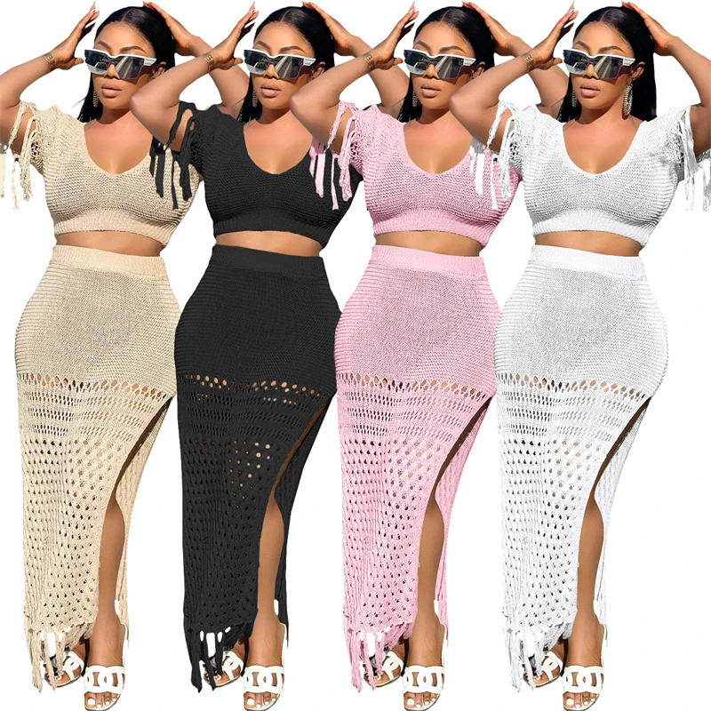 Hand Crochet Knitted Tassel Two Piece Set Women Summer Beach Dress Suits Hollow Out Short Sleeve Crop Top Side Split Maxi Skirts