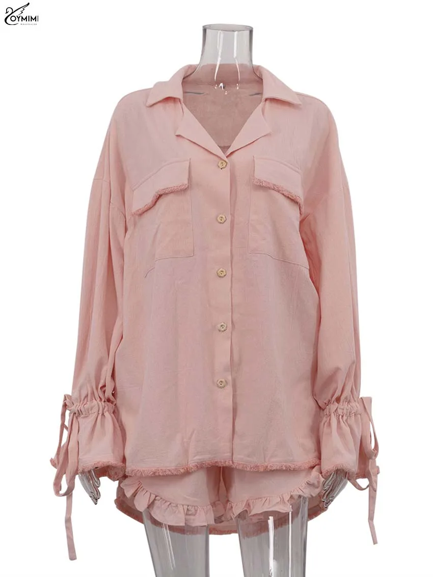 Oymimi Elegant Pink Cotton Sets For Women 2 Pieces Fashion Pockets Long Sleeve Lace-Up Shirts And High Waist Ruffled Shorts Sets
