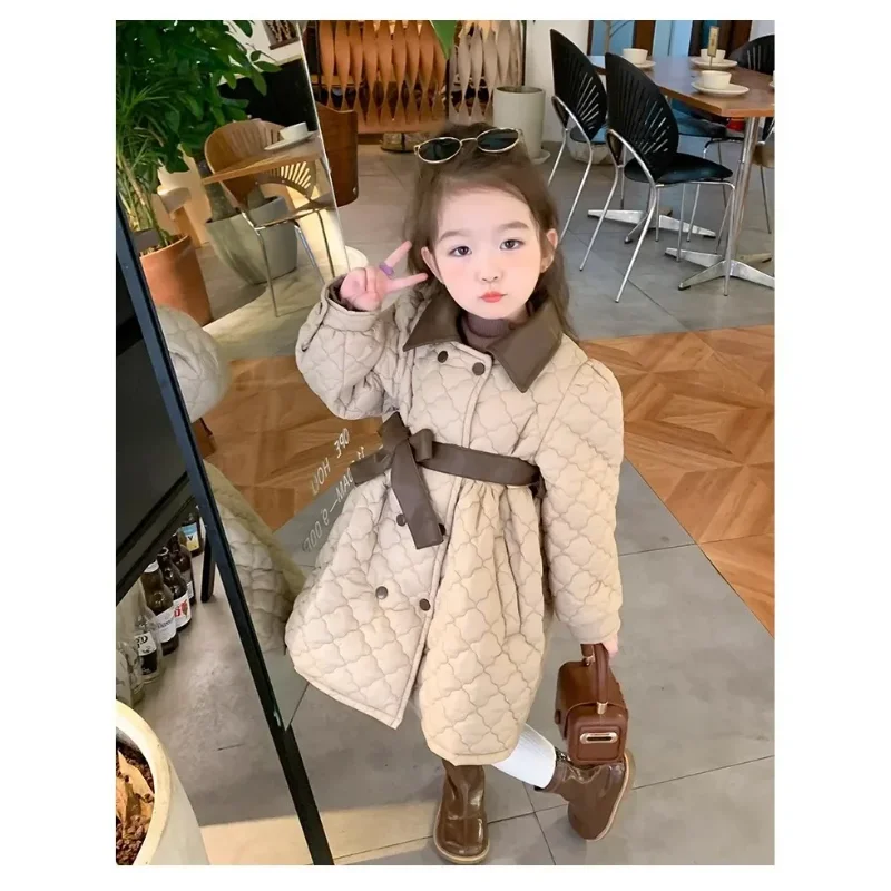 Children\'s Coats Girls\' Cotton-padded PU Leather Clip Cotton Padded Coat Medium Long Coat Winter Coat Clothes for Girls