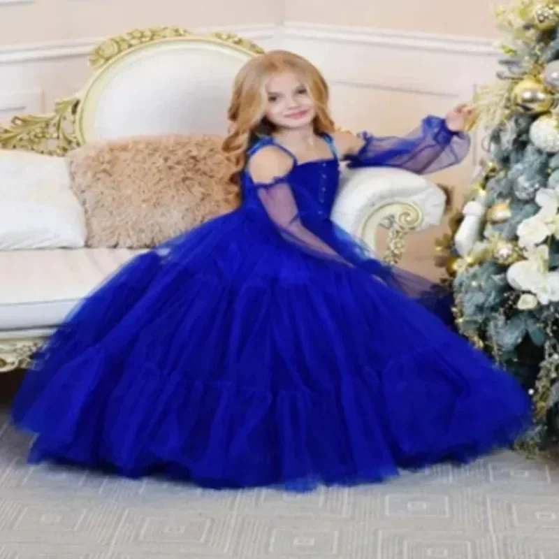 

Elegance Flower Girl Dress Bright Blue Tulle Spaghetti Straps Children Girl Wedding Birthday Party First Communion Holiday Gown