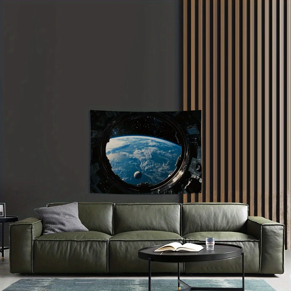 2D Flat,Space Station Window View Earth Moon Stars Galaxy Sci Fi Tapestry Futuristic Wall Art Bedroom Decor Cosmic Exploration