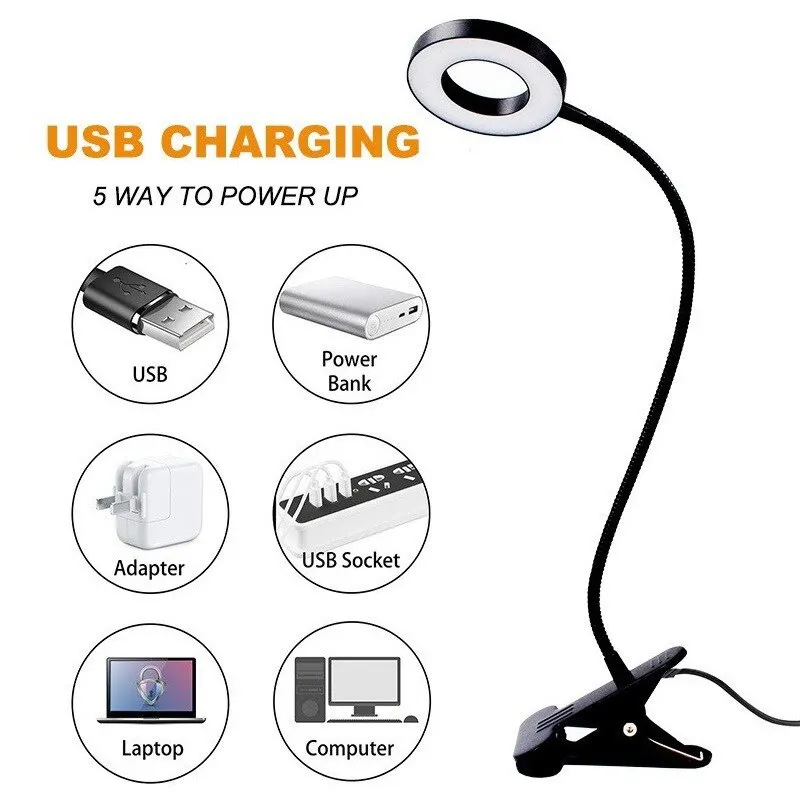 48 LEDs Desk Lamp Clip USB Book Light Bedside 360 ° Flexible Eye Protection Gooseneck Leitura Luz Brilho Ajustável 3 Leve