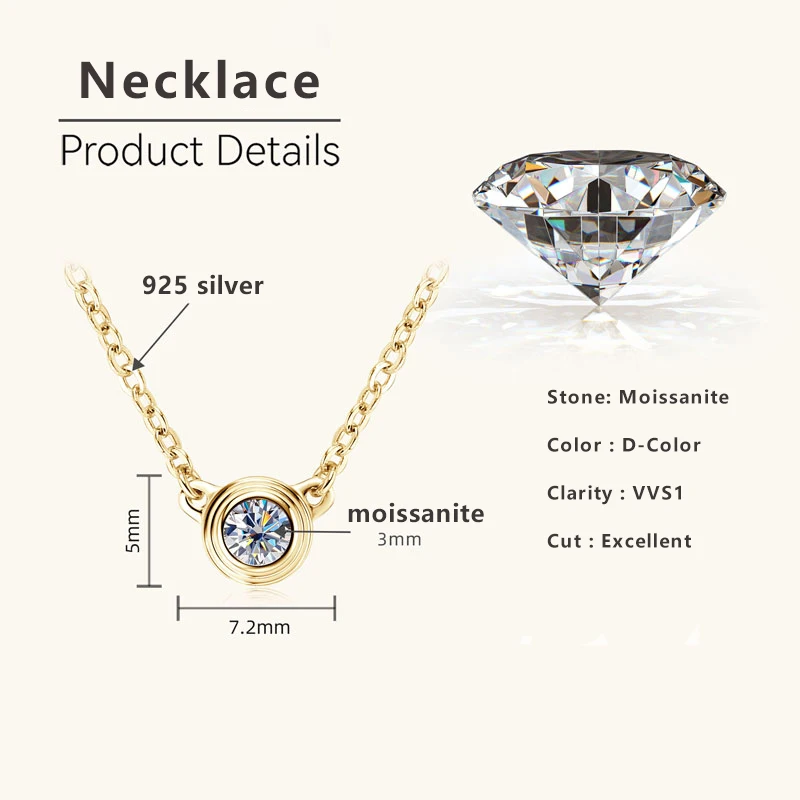Lnngy 3MM 0.1CT Moissanite Necklace Original 925 Sterling Silver Pendant Necklaces  For Women Delicate Neck Jewellry Gift