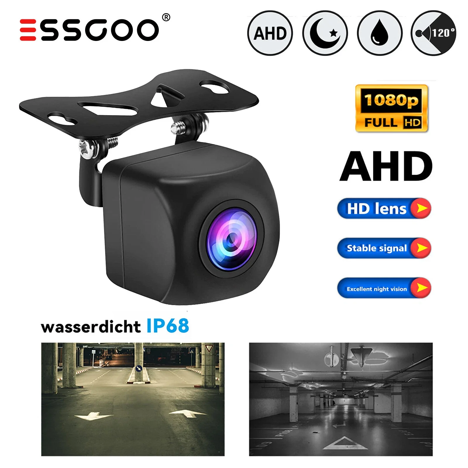 

Универсальная автомобильная камера заднего вида ESSGOO AHD с ночным видением, водонепроницаемая IP68, 120° ° Широкий угол обзора