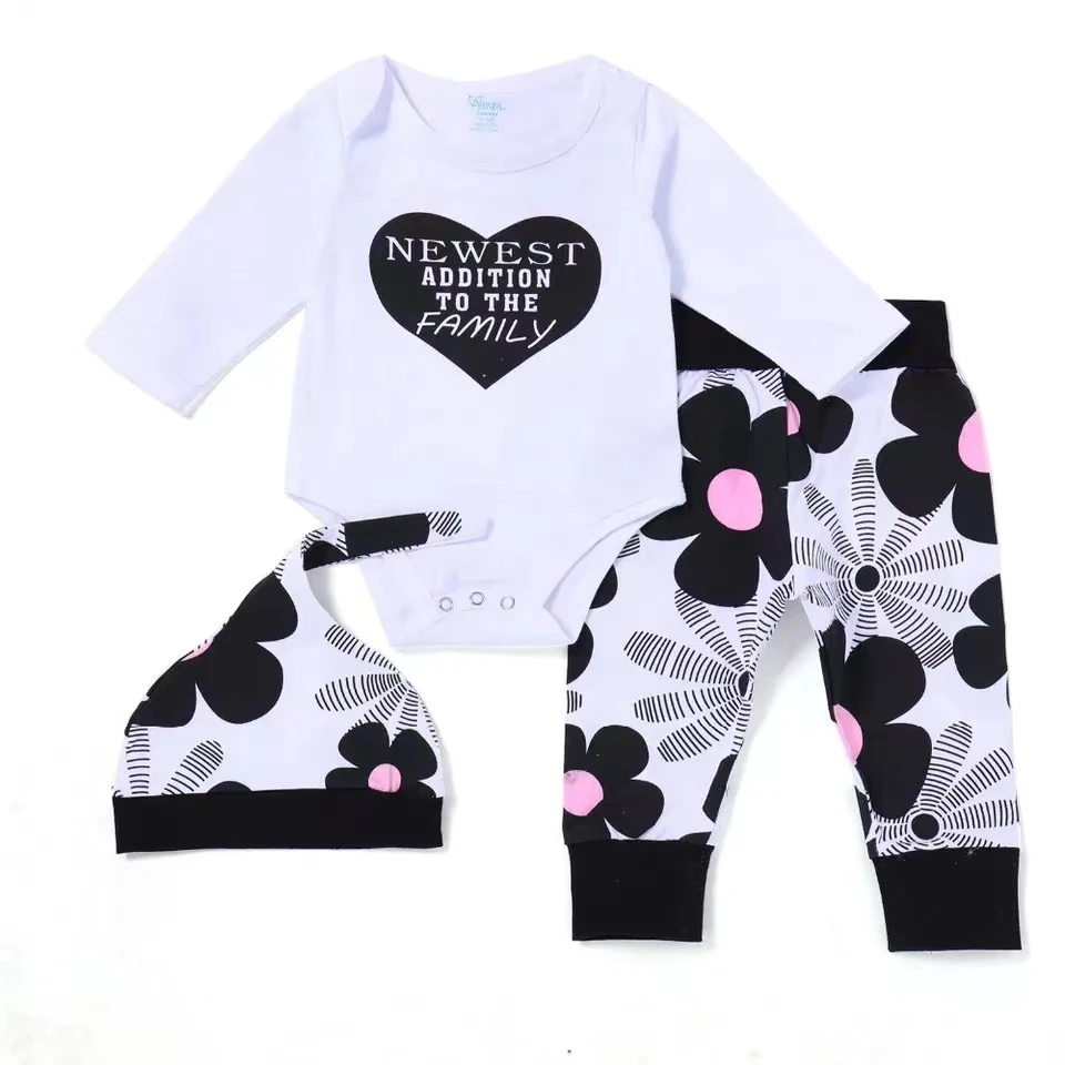 Newborn Infant Baby Girl Clothes 2024 Fall NEWEST ADDITION TO THE FAMILY Tops+ Floral Print Pants + Hat 3 Pieces Sets