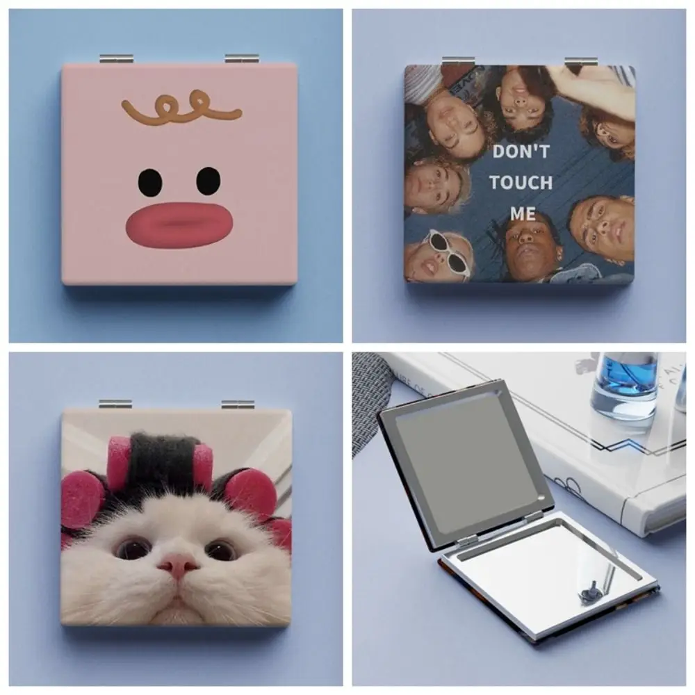 Portable Cat Pattern Makeup Mirror Mini Square Standing Foldable Mirror Compact Cute Pocket Mirror Girls