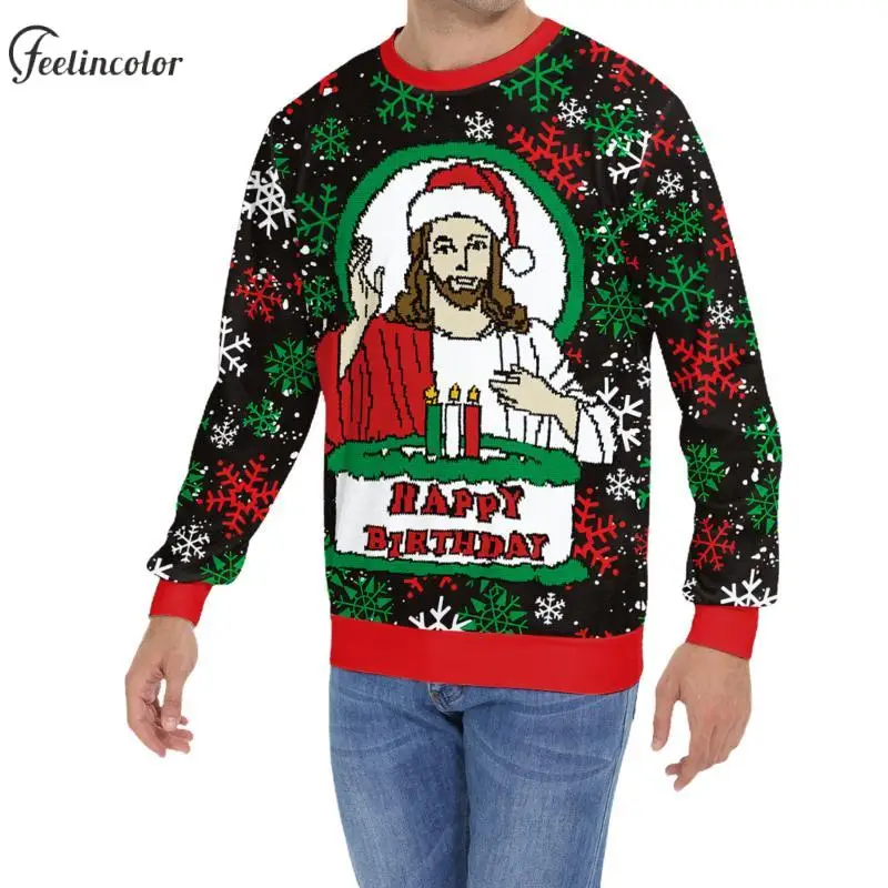 Jesus Birthday Christmas Graphic Sweatshirt for Men Xmas Dog Elk 3D Print Pullover Family Matching Hoodies Autumn Couple Clothes