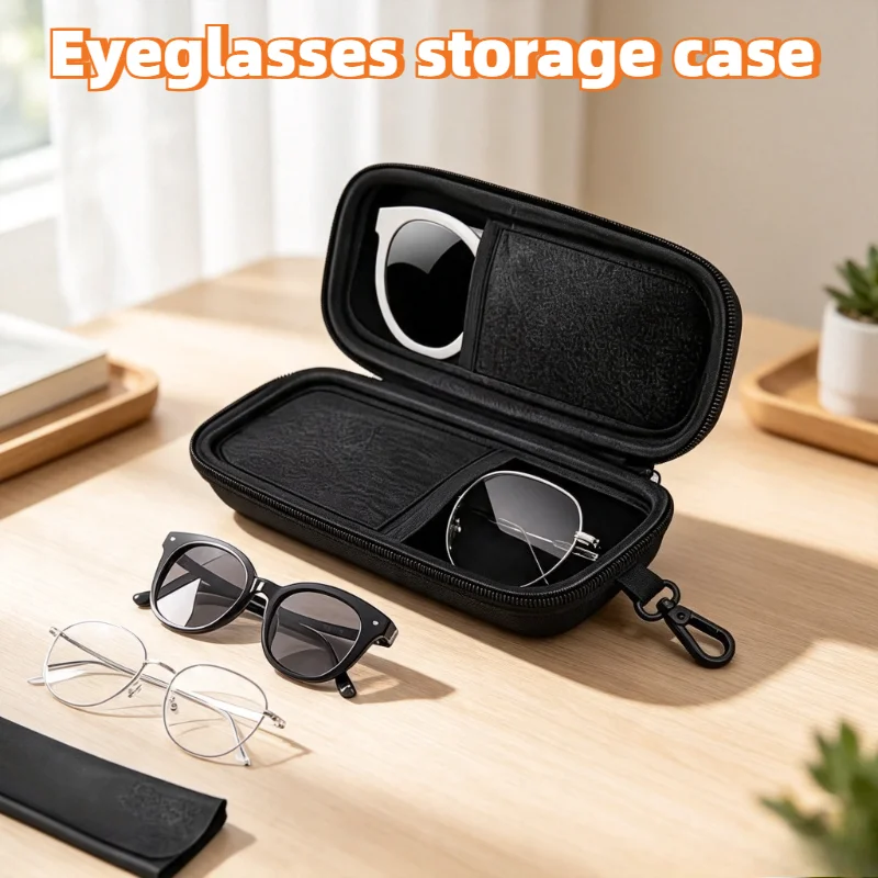 Portable Dual Compartment Sunglasses Case Hard Shell Zipper Glasses Storage Box with Carabiner Hook Eyeglasses Travel Outdoor