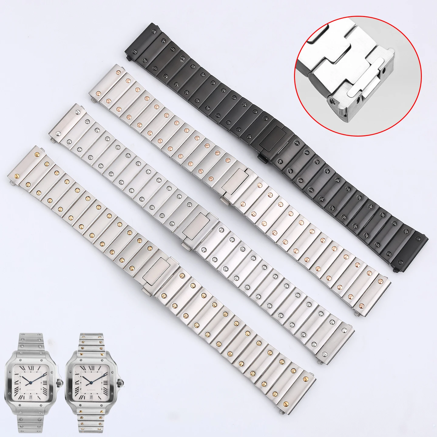 For Cartier Santos Collection WSSA0009, WSSA0010, WSSA007 Quick-Release Solid Stainless Steel Watch Strap for Men, 21mm