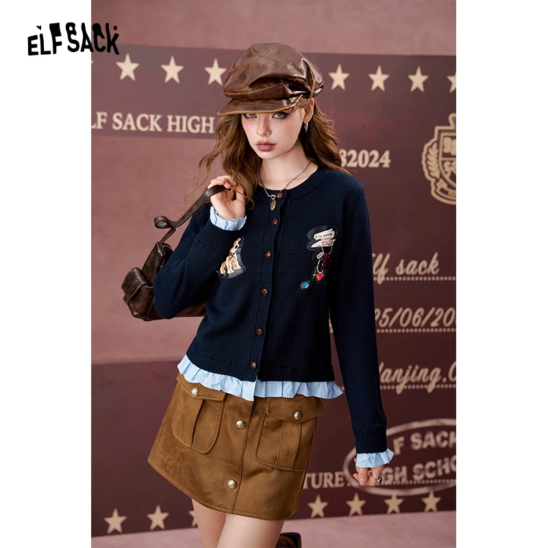 ELFSACK 2024 Autumn New Arrivals Splicing ruffle edge knitted cardigan for women, sweet short top