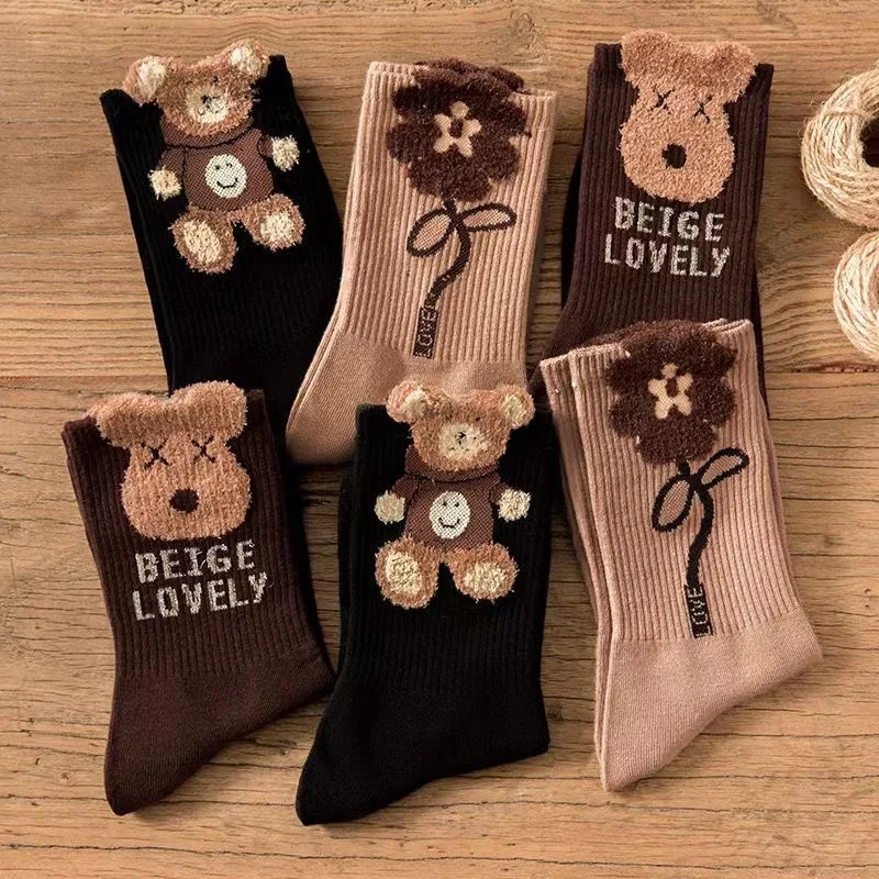 3pcs Cute Little Bear Socks Women Middle Tube Thickened Plush Socks Ins Coffee Retro Girl Versatile Long Socks for Autumn Winter