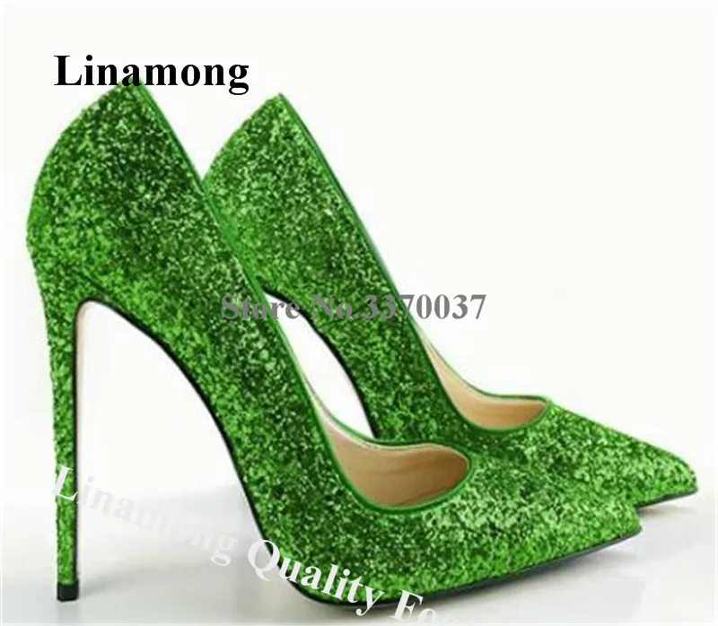 

Bling Bling Glitter Pumps Linamong Women Elegant Pointed Toe Green Blue Purple Sequined Stiletto Heel Wedding Shoes Big Size