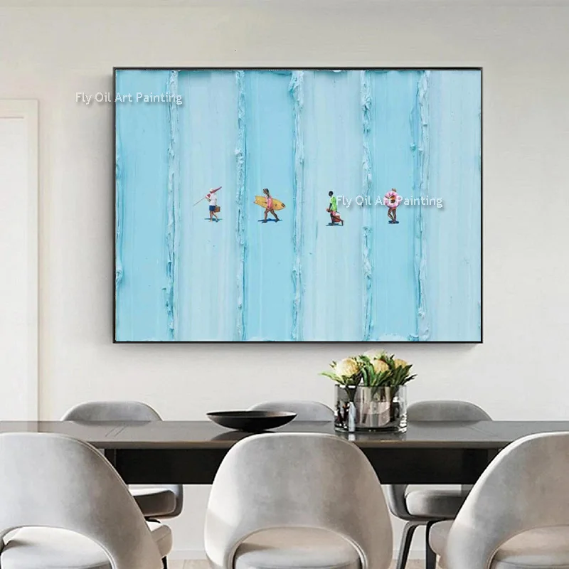New Design Yellow Pink Blue Orange Sea Road Wall Art Hand Drawn Abstract Blue People Play In The Sea Canvas Oil Painting Decor