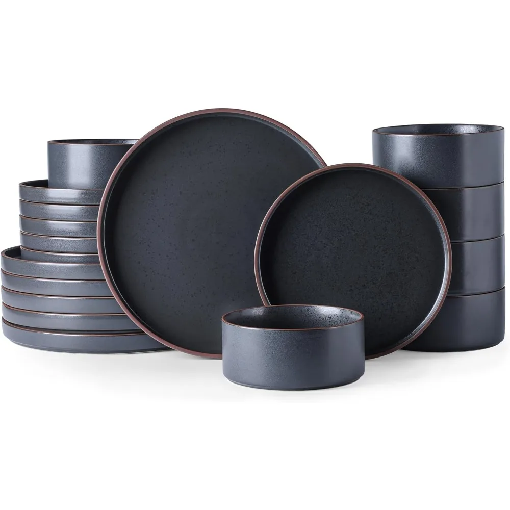 Ceramic Dinnerware Sets of 6, High Edge Stoneware Plates and Bowls Set, Chip and Crack Resistant |