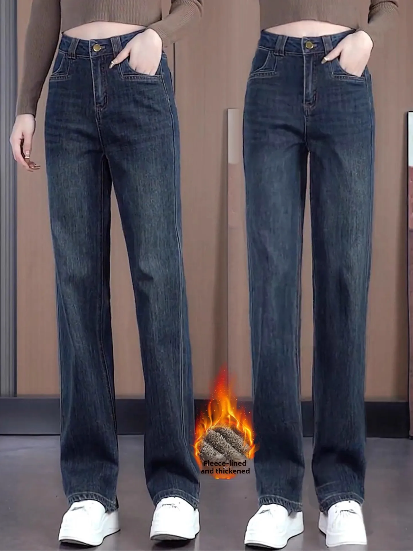 

High Waist Straight Leg Fce Lined Thiened Women's Jeans Casual Sle Zipper Closure Cotton Stretch Denim Wear Resistant