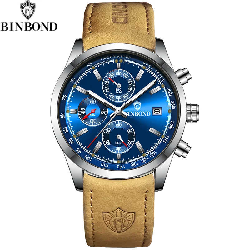 BINBOND New Luxury Men\'s Watch High Quality Waterproof Chronograph Luminous Sports Wristwatch Leather Watchband Quartz Watch Hot