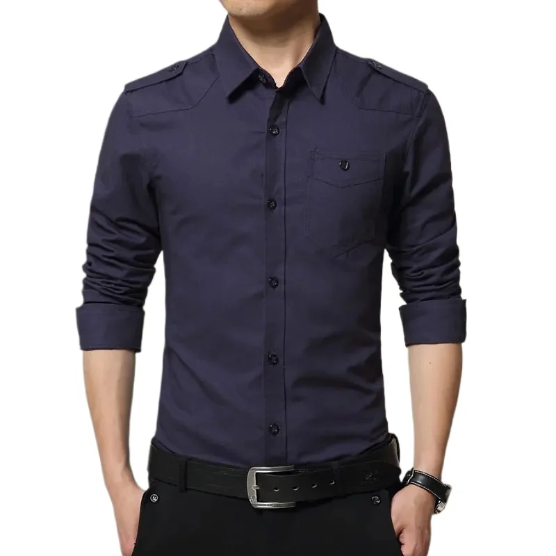 

2026 New Men's Epaulette Shirt Fashion Full Sleeve Epaulet Shirt Military Style 100% Cotton Army Green Shirts with Epaulets