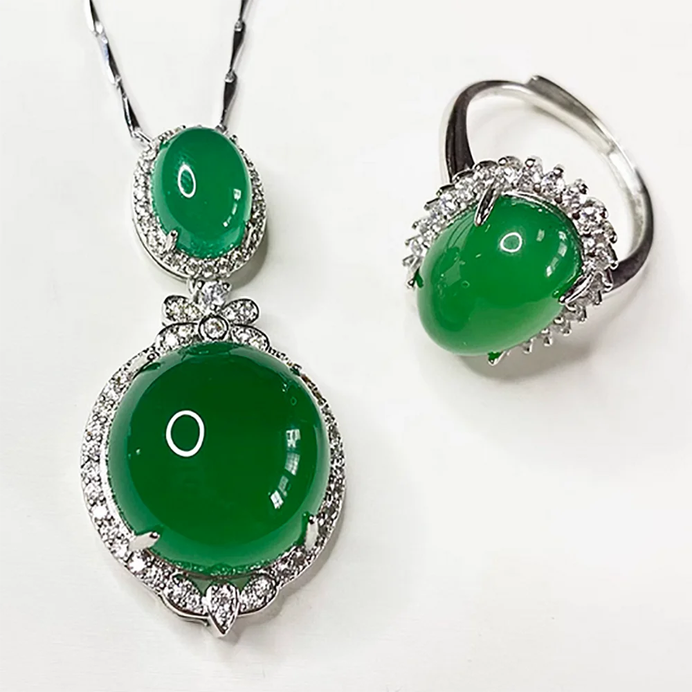 Natural green jadeite pendant for women, emerald color emerald s925 gemstone necklace pendant ring set