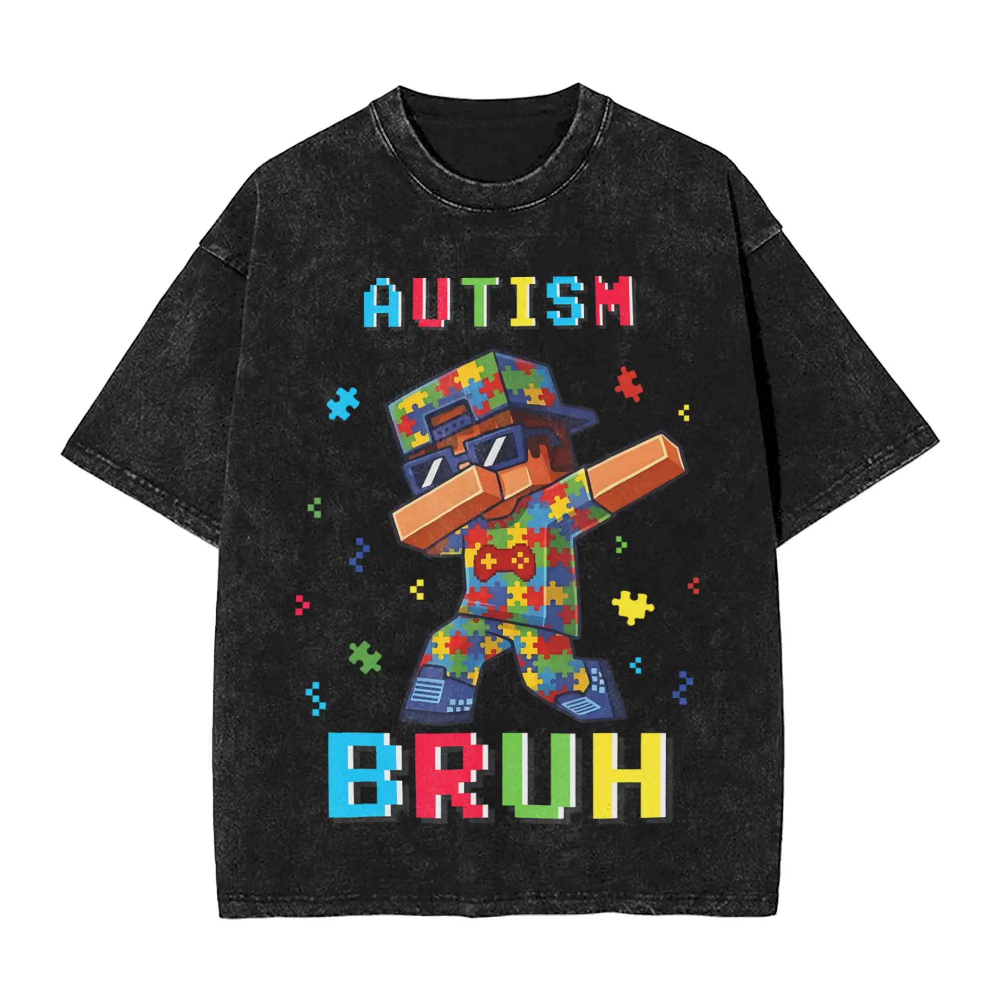 Autism Bruh Dab Gamer Boys Kids Youth ASD Autism Awareness T Shirts  Washed High Street T-Shirts Retro Men Tops Streetwear Tees