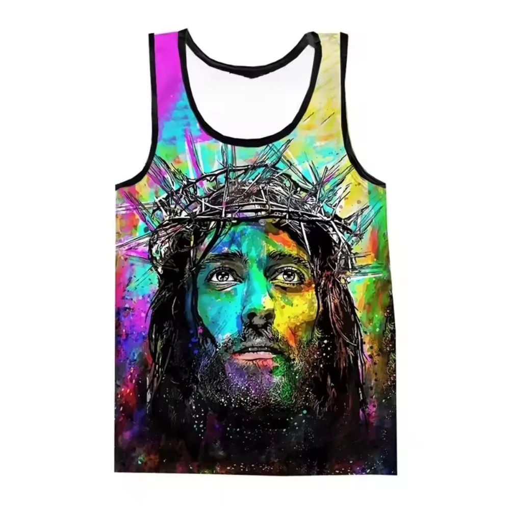 Jesus Thorns Crown Portrait Pattern 3D Printing Men V-Neck Tank Top - Casual Outdoor Sports Breathable and Quick-Drying Clothing