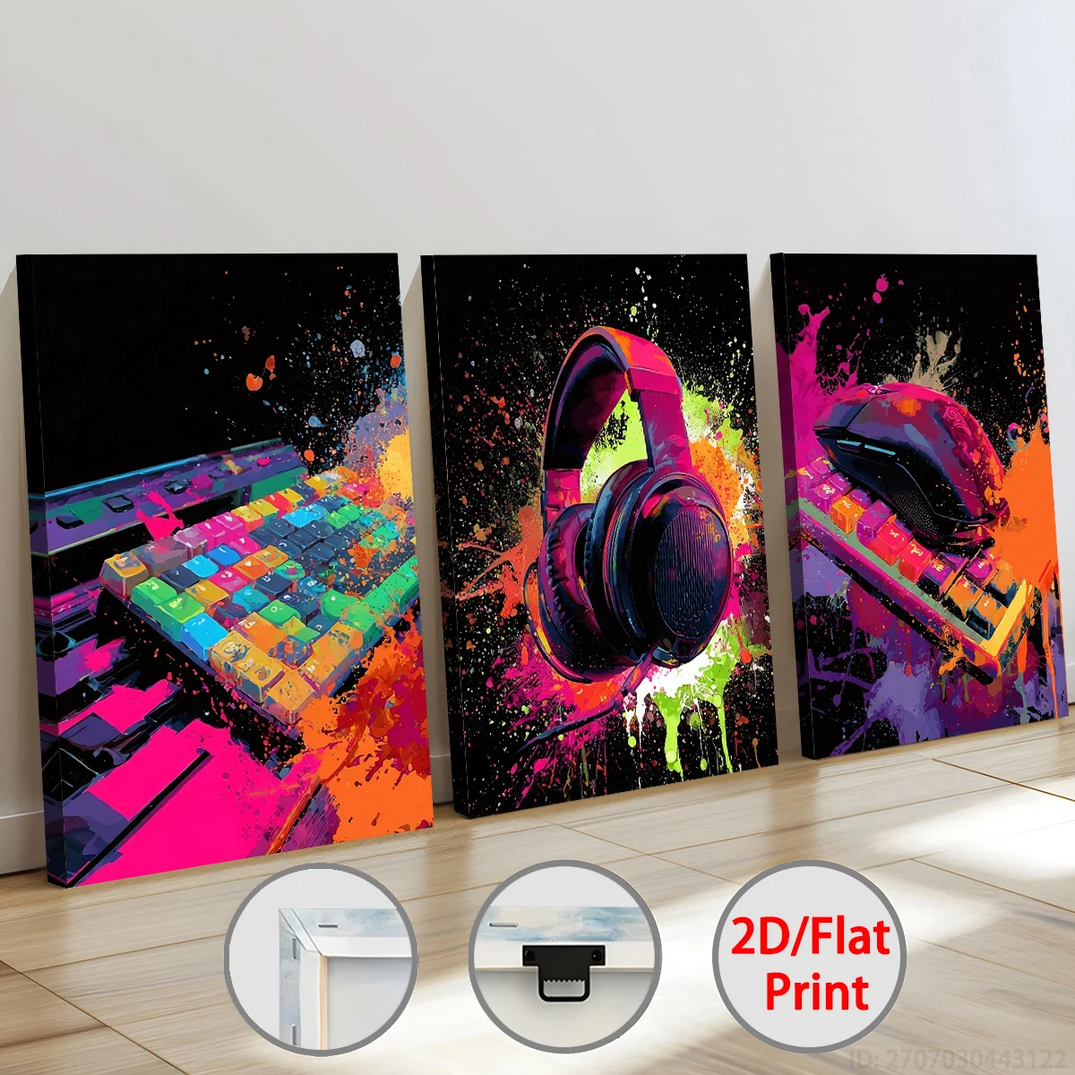 3Panels Fashionable Printed Headphones, Keyboards, and Mouse Game Art Framed Canvas Paintings and Posters Home Decor, Gifts