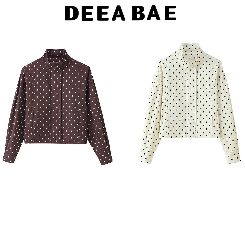 

DEEABAE Summer new women's loose thin zipper decoration stand collar long sleeved polka dot printed short jacket jacket