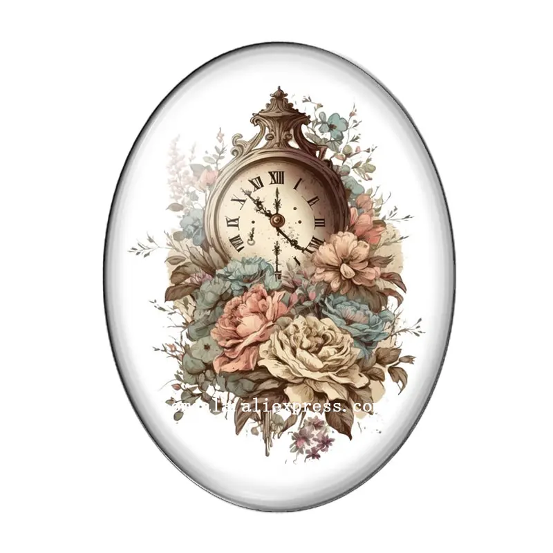 Retro Vintage Flower Wall Clock Patterns 10pcs 13x18mm/18x25mm/30x40mm Oval photo glass cabochon demo flat back Making findings