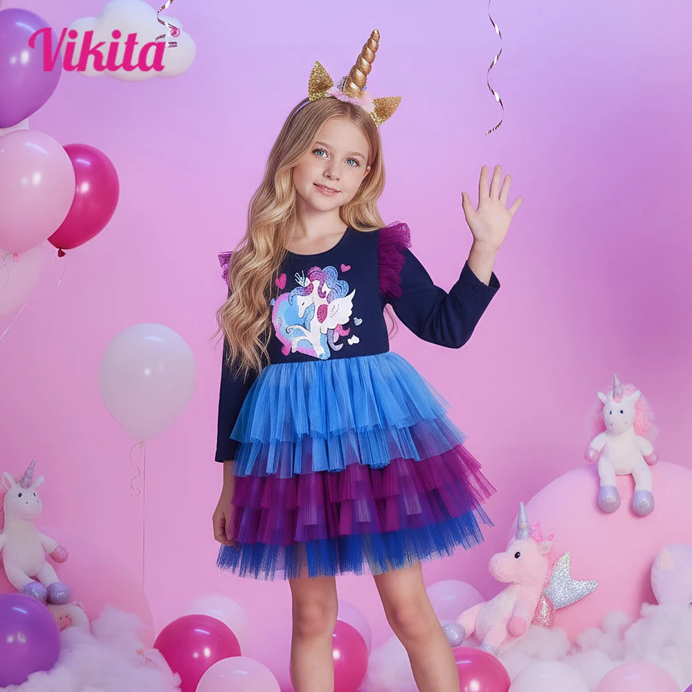 

VIKITA Girls Unicorn Heart Shape Flare Sleeve Dress Kids Birthday Party Performance Princess Prom Gown Girl Navy Blue Tutu Dress