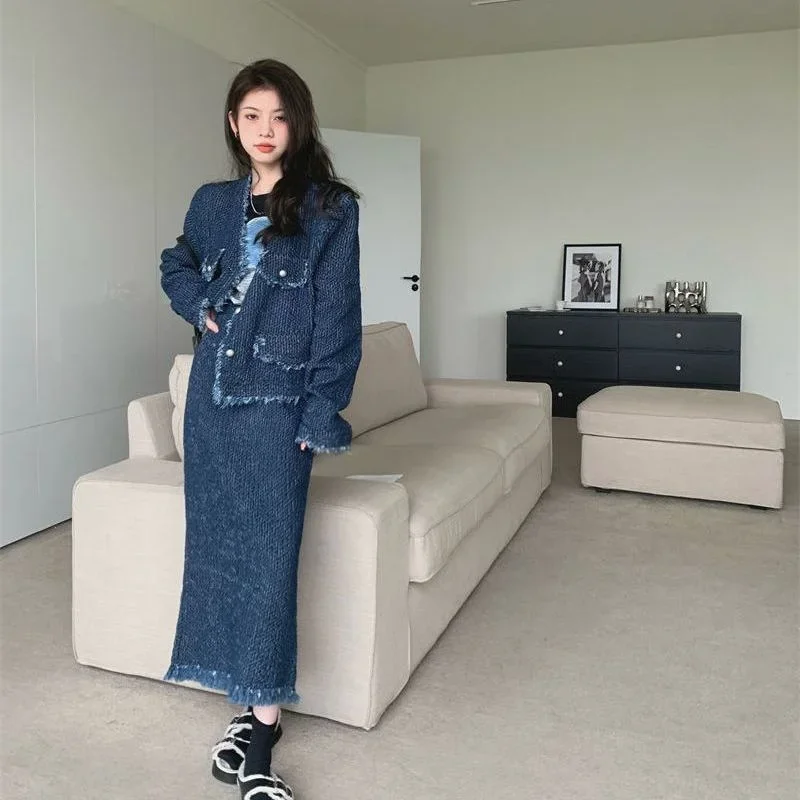 Insozkdg Korean 2023 Spring Autumn Suit Femininity Edge Denim Jacket + Skirt Casual Fashion Two-piece Set Women High Street