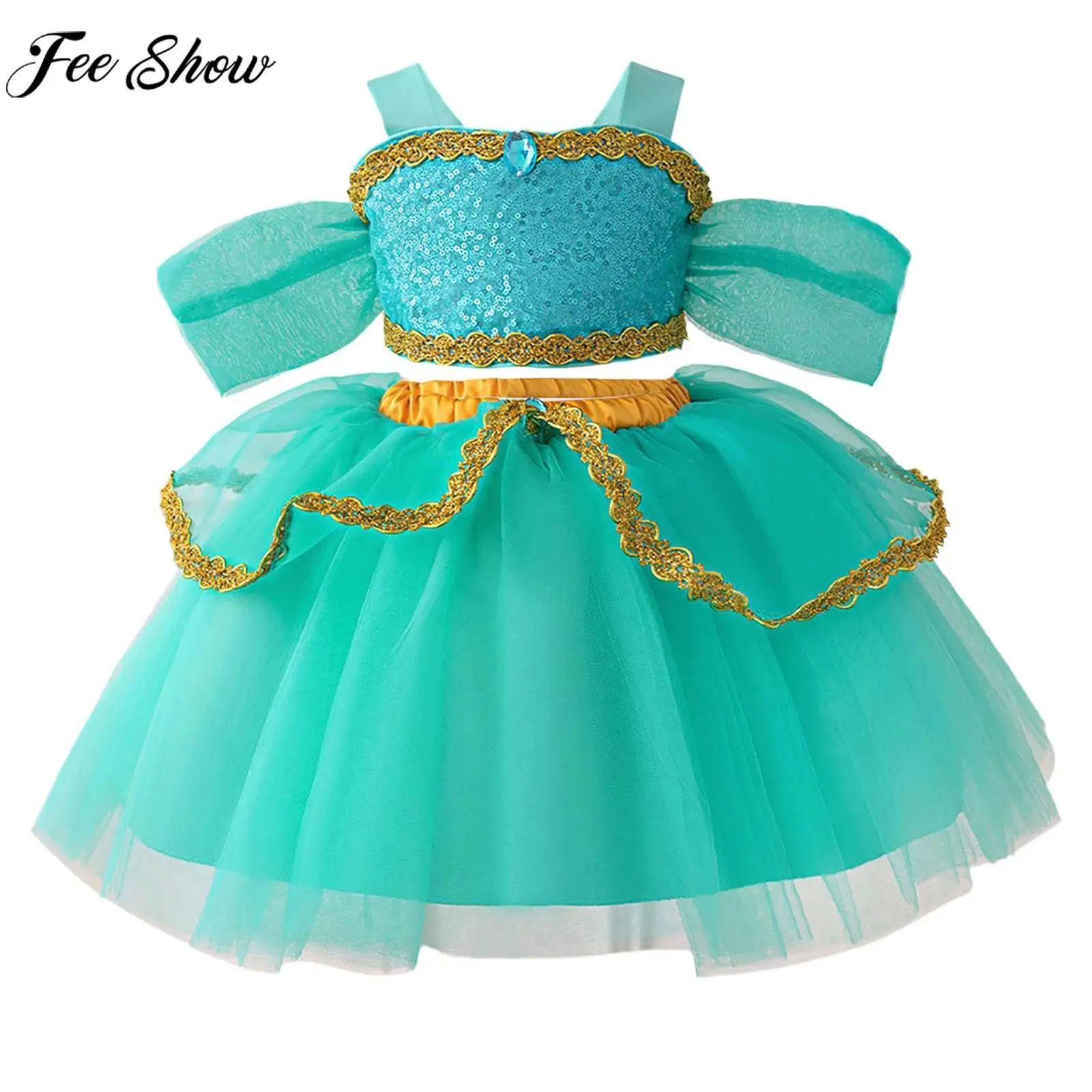 

Toddler Baby Girls Arab Princess Cosplay Costume Shiny Sequin Crop Top with Tutu Skirt for Halloween Carnival Birthday Party