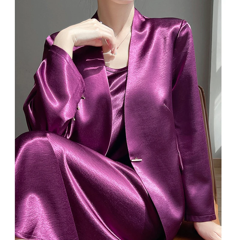 Women's Premium Acetate Satin Blazer Loose Casual Single Button Suit Jacket Elegant Office Vintage Luxury Spring 2026
