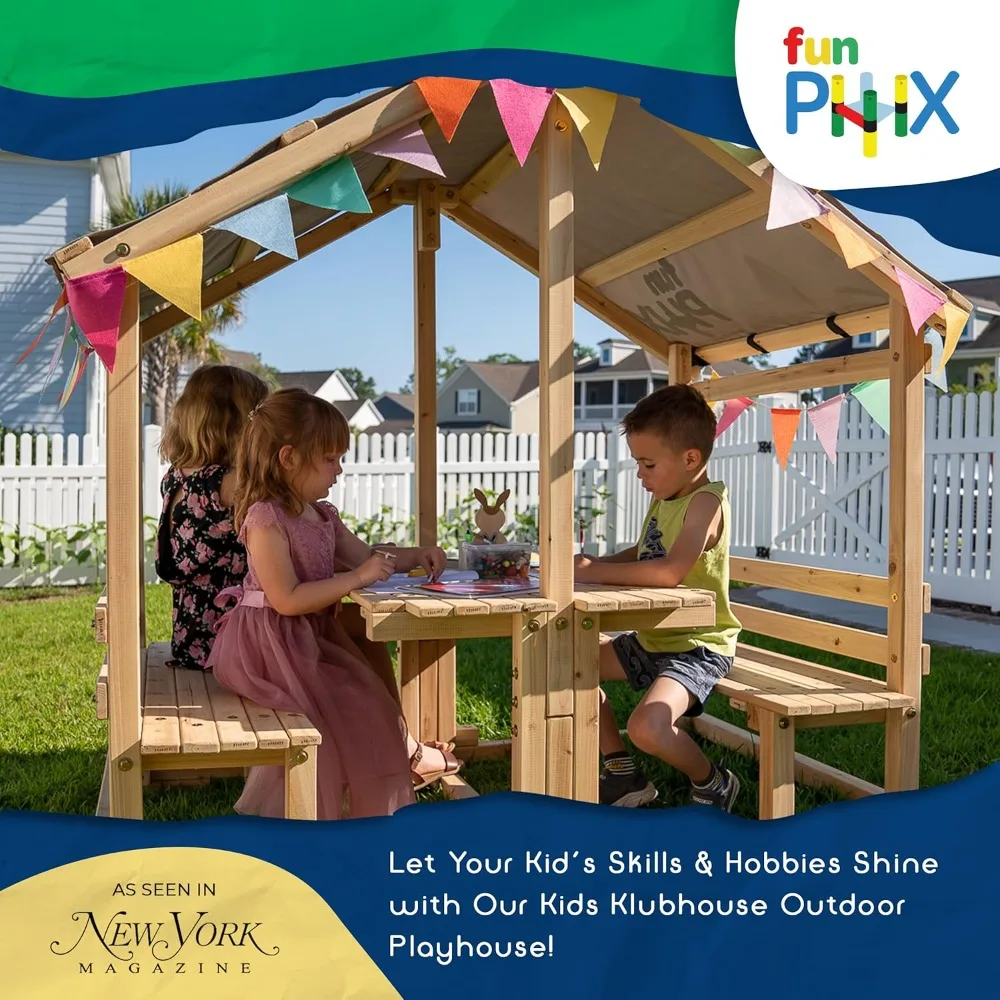 Playhouse.Outdoor Playhouse - Kids Klubhouse Wooden Playhouse with Table & Benches - Multifunctional Toy for Fun Play & Learning