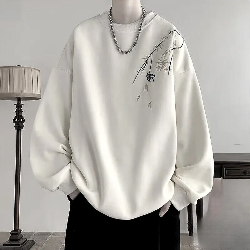 New Chinese Bird Print M-8XL Men Oversized Sweatshirt Fashion Loose Long Sleeve Couple Clothes