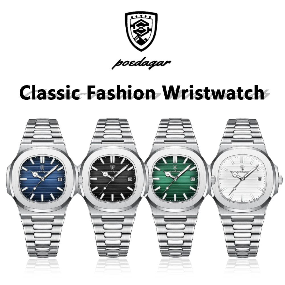 POEDAGAR Trend Men's Watches Classic Fashion Original Quartz Watch for Man Square Dial Waterproof Luminous Date Wristwatch Reloj