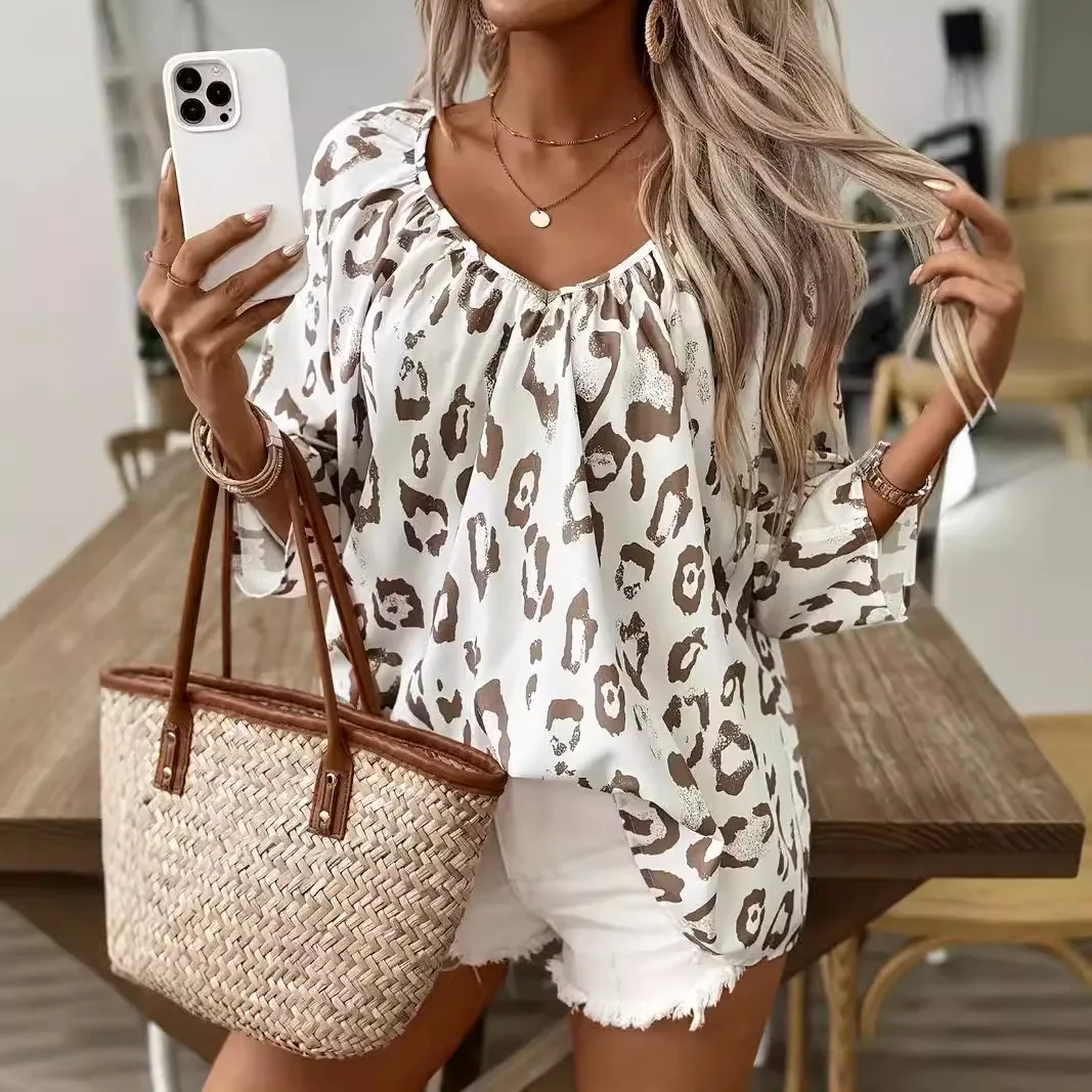 Spring and Summer Women's Elegant Commuter Top Khachi Leopard Print Large V-Neck Pleated Sleeve Shirt Ropa Mujer