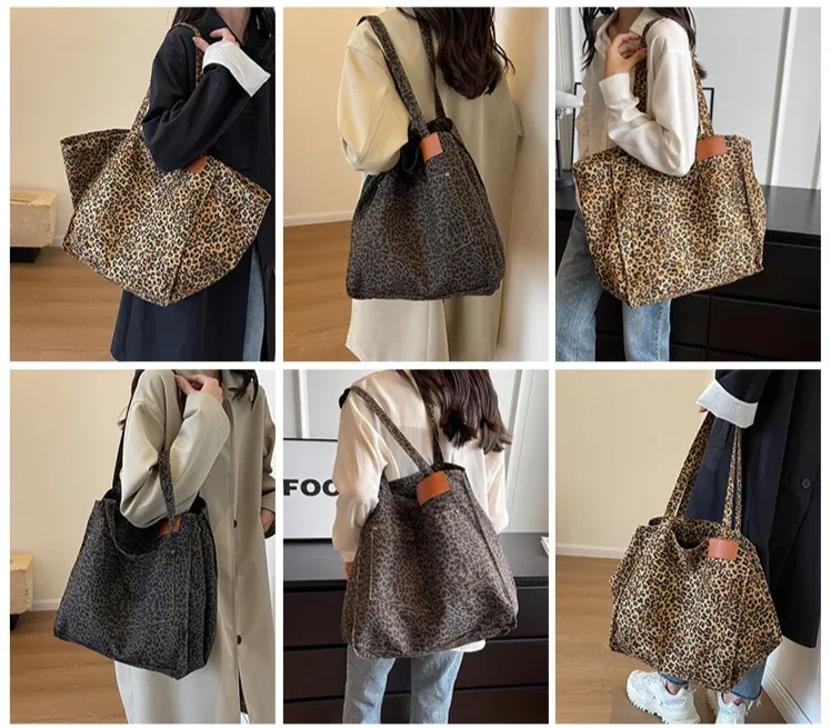 2023 Korean Leopard Shopper Big Shopping Shoulder Bag Large Capacity Canvas Tote Bags For Women Handbag Lady Travel Purse