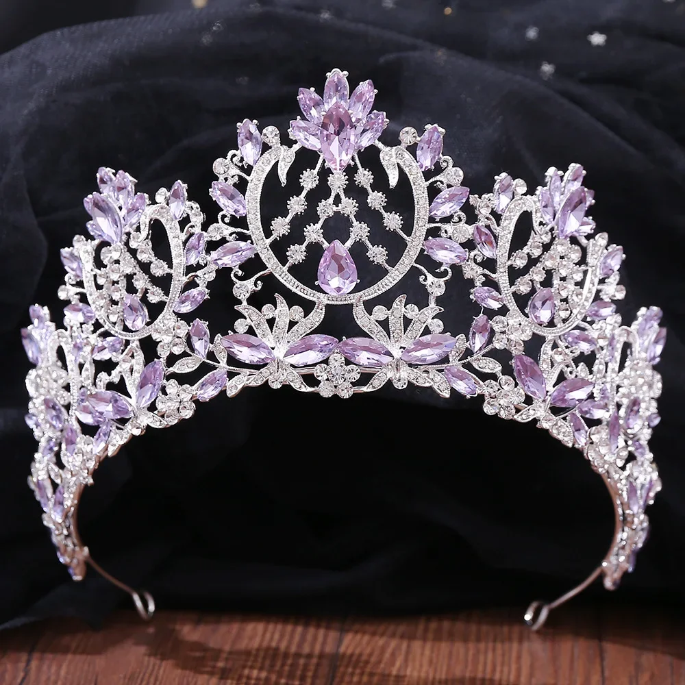 Silver Color Purple Crystal Crowns Bridal Tiaras Fashion Queen Rhinestone Diadem Headpiece Wedding Hair Jewelry Accessories Gift