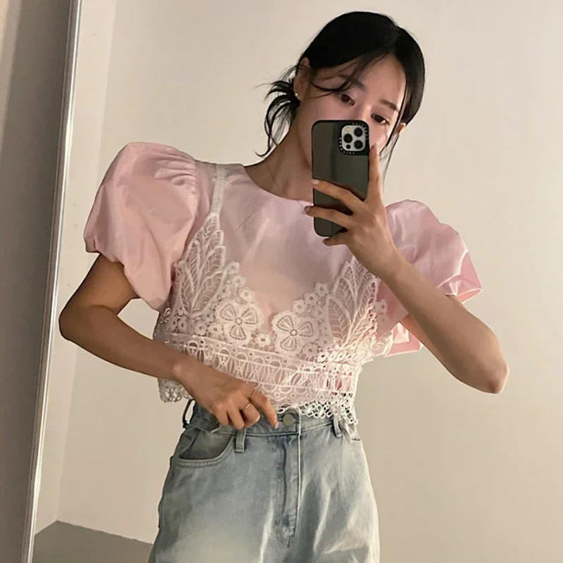 Neploe 2024 Summer Korean Chic Sweet Gentle Design Sense Niche Lace Suspender Vest Temperament Puff Sleeve Shirt Two-Piece Sets