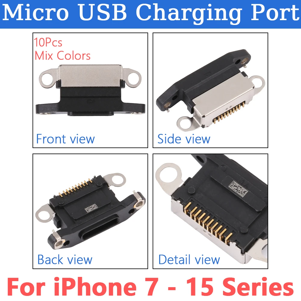 

10 шт. смешанные новые зарядные устройства Lightning Type-C Micro USB, разъем для зарядки док-станции для iPhone 7, 8, 14, 15, 16 Plus 12 13 Mini 11 Pro Max