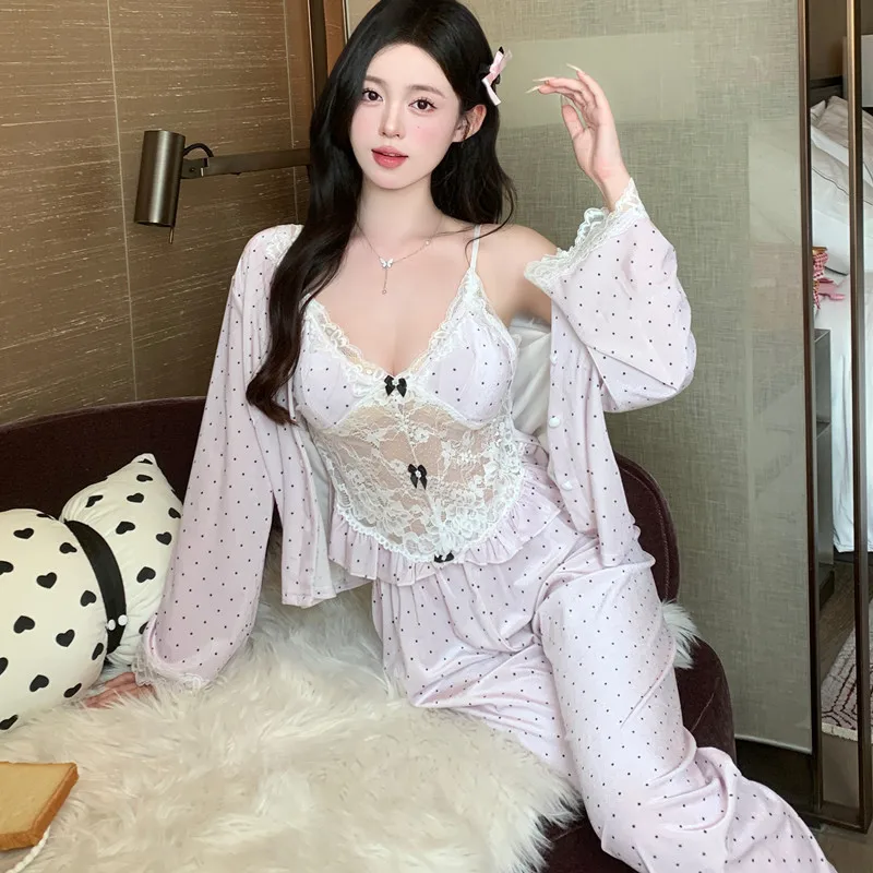 Velvet 3PCS Pajamas Set Sleepwear Purple Lace Patchwork Loungewear Warm Women Home Clothes Loose Nightwear Cami&pants&bathrobe